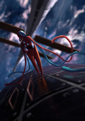  absurdres blurry cchan_tuka clouds colored_skin commentary_request deoxys deoxys_(normal) depth_of_field earth_(planet) glowing glowing_eyes highres looking_at_viewer no_humans planet pokemon pokemon_(creature) red_skin reflection solo space_station tentacle_arm tentacles white_eyes 