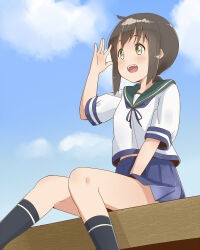 1girl black_socks blue_neckerchief blue_skirt blue_sky blush clouds cloudy_sky commentary cowlick feet_out_of_frame from_below fubuki_(kancolle) green_eyes green_sailor_collar hair_between_eyes highres kantai_collection kneehighs looking_ahead low_ponytail medium_hair midriff_peek miniskirt neckerchief open_mouth pa._(tatuya28001) pleated_skirt ponytail sailor_collar shading_eyes shirt short_sleeves sidelocks sitting skirt sky socks solo teeth upper_teeth_only white_shirt 