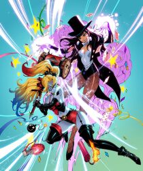 2girls dc_comics fishnet_pantyhose fishnets godtail harlequin harley_quinn hashtag-only_commentary hat highres jester_costume magic magician magician's_wand makeup multiple_girls pantyhose top_hat wand white_facepaint zatanna_zatara 