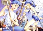  1girl 2boys artist_request blonde_hair blue_hair boat cecilia_alcott long_hair multiple_boys official_art rudy_roughnight short_hair shorts tagme wild_arms wild_arms_1 