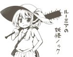  1girl :d alternate_costume baseball_bat camisole carrying_over_shoulder fang flat_chest hair_ribbon hand_in_pocket hat jagabutter monochrome nail nail_bat open_mouth over_shoulder ribbon rumia short_hair smile touhou translation_request weapon weapon_over_shoulder 