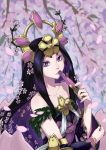  1girl black_hair blurry collarbone depth_of_field detached_sleeves duel_monster fan folding_fan frostcyco headgear highres holding long_hair looking_at_viewer petals solo talaya_princess_of_cherry_blossoms violet_eyes yuu-gi-ou 