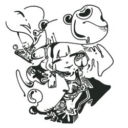  1girl 3ma_can_omochi abstract closed_eyes commentary dripping facing_viewer from_above full_body greyscale hat high_contrast highres looking_up monochrome moriya_suwako parted_lips smile solo touhou water_drop white_background 