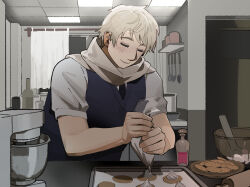  1boy axis_powers_hetalia baking black_necktie blue_sweater_vest bowl ceiling_light chocolate_chip_cookie closed_eyes cookie door food glass highres holding holding_pastry_bag icing indoors jssammy_zhou kitchen leaning_forward light_smile male_focus mixer_(cooking) necktie night nose overlighting pastry_bag plate rolling_pin russia_(hetalia) scarf shirt short_hair short_sleeves solo sweater_vest two-handed u_u upper_body very_short_hair white_hair white_scarf white_shirt 