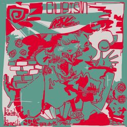  1girl 3ma_can_omochi abstract blending blush commentary english_text flat_color full_body hair_over_one_eye half-closed_eye hand_up hat highres komeiji_koishi limited_palette one_eye_covered open_mouth outstretched_arm shirt smile solo third_eye touhou waving wide_sleeves 