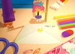  1boy 1girl 2026 aubrey_(faraway)_(omori) aubrey_(omori) blue_hairband blue_skirt charlesfirework closed_eyes closed_mouth commentary dark-skinned_male dark_skin denim denim_skirt double-parted_bangs envelope eraser hair_between_eyes hairband hand_on_own_hip highres holding holding_pencil jacket kel_(faraway)_(omori) kel_(omori) long_hair marker mini_person miniboy minigirl omori open_clothes open_jacket orange_shoes orange_shorts paperclip pencil pink_hair scissors shoes short-sleeved_jacket short_sleeves shorts skirt sneakers standing untranslatable_commentary white_jacket white_shoes 