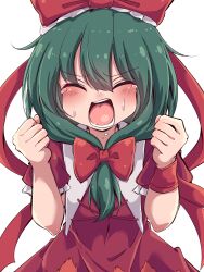  1girl blush clenched_hands closed_eyes dress facial_hair front_ponytail green_hair highres kagiyama_hina open_mouth red_dress shouting siw0n solo tears teeth textless_version touhou white_background 