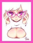  :p breasts cleavage fingernails glasses highres hong_(white_spider) large_breasts long_fingernails looking_at_viewer nail_polish open-chest_sweater original purple-framed_glasses signature smile sweater tongue tongue_out violet_eyes white_hair 