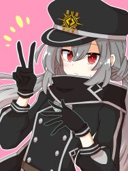  1girl akatsu_botan black_gloves blush commentary_request duel_monster gloves grey_hair hat highres long_hair long_sleeves low_twintails red_eyes scarf sky_striker_ace_-_roze solo twintails v yu-gi-oh! 