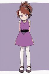  1girl ai-generated arms_behind_back black_shoes brown_hair bunny_(ppg) child colokhan commentary dress dress_shoes english_commentary facing_viewer high_ponytail highres nervous pantyhose ponytail powerpuff_girls purple_background purple_dress shoes sleeveless standing violet_eyes white_pantyhose 