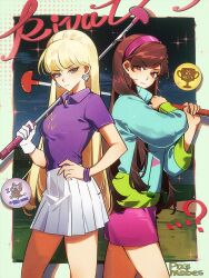  ...? 2girls back-to-back blonde_hair blue_eyes blue_sweater bracelet brown_eyes brown_hair collared_shirt commentary diamond_earrings earrings english_commentary english_text er-ytz golf_club gravity_falls hairband highres holding holding_golf_club jewelry long_hair mabel_pines multiple_girls pacifica_northwest pink_hairband pink_skirt pleated_skirt purple_shirt putter shirt skirt sticker sweater very_long_hair white_skirt 