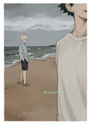 2boys bakugou_katsuki beach black_shorts blonde_hair blurry boku_no_hero_academia border collared_shirt commentary_request footprints freckles full_body green_hair grey_shirt hands_in_pockets highres korean_commentary looking_at_viewer male_focus midoriya_izuku multiple_boys ocean overcast sand shirt short_hair shorts sky spiky_hair standing twitter_username white_border yeol2510 