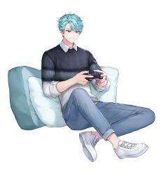  1boy aqua_hair artist_request black_sweater blue_pants casual collared_shirt commentary_request controller crossed_legs denim english_commentary esker_(king's_raid) full_body game_controller gradient_sweater highres holding holding_controller holding_game_controller jeans king's_raid korean_commentary mixed-language_commentary official_alternate_costume official_art on_floor pants pants_rolled_up pillow second-party_source shirt shoes short_hair sitting smile sneakers solo sweater violet_eyes white_shirt white_shoes white_sweater 