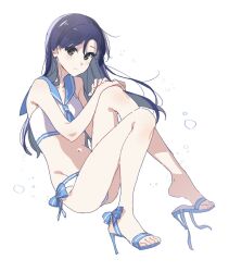  1girl air_bubble bare_arms bare_legs bikini blue_hair blue_neckerchief blue_sailor_collar brown_eyes bubble closed_mouth commentary_request flat_chest full_body hands_on_own_knee high_heel_sandals highres idolmaster idolmaster_(classic) kisaragi_chihaya knees_up light_smile long_hair looking_at_viewer navel neckerchief nozawa_noko sailor_bikini sailor_collar sailor_swimsuit_(idolmaster) sandals simple_background sitting solo swimsuit toes white_background white_bikini 