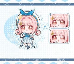  1girl :o aying99792 back_bow beads beret blue_bow blue_bowtie blue_dress blue_shorts blue_sleeves blue_theme blue_wrist_cuffs blush_stickers bow bowtie brown_eyes bubble_print bubbly_voyage_(infinity_nikki) chibi chinese_commentary closed_mouth collared_dress commentary_request commission curious detached_sleeves dot_nose dress eyes_visible_through_hair frilled_sleeves frilled_socks frilled_wrist_cuffs frills hair_intakes hair_ornament hair_rings hairclip hand_on_own_chin happy hat hat_bow hat_ornament heart infinity_nikki medium_dress multiple_expressions nikki_(nikki) nikki_(series) notice_lines open_mouth outline pink_hair pleated_dress polka_dot polka_dot_background print_dress rabbit_hair_ornament sample_watermark short_hair_with_long_locks shorts sidelocks smile socks sparkle speech_bubble spoken_heart standing star_(symbol) star_hat_ornament strapless strapless_dress striped_bow striped_bowtie striped_clothes tareme watermark watermark_grid wavy_hair white_background white_hat white_outline white_socks wrist_cuffs 