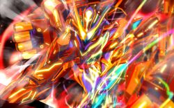  1boy absurdres clenched_hand energy glowing glowing_eyes highres kal_(kaerutoyomu) kamen_rider kamen_rider_gavv kamen_rider_gavv_(series) kamen_rider_gavv_master_mode kamen_rider_gavv_over_mode male_focus mechanization on_one_knee power_fist split_theme tokusatsu 