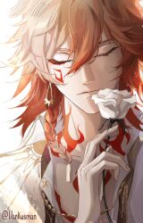  1boy blonde_hair braid chest_tattoo closed_eyes collared_shirt commentary earrings facial_tattoo flower gold_earrings gradient_hair highres holding holding_flower honkai:_star_rail honkai_(series) jewelry male_focus medium_hair multicolored_hair mydei_(honkai:_star_rail) neck_tattoo red_hair red_tattoo rose shirt side_braid solo tattoo twitter_username vankusman white_flower white_rose white_shirt 