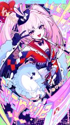  1girl black_choker black_gloves braid breasts choker commentary diamond_(shape) diamond_facial_mark facial_mark gloves hat heart heart_facial_mark highres holding holding_weapon honkai:_star_rail honkai_(series) long_hair looking_at_viewer maegjuw mini_hat mini_top_hat multicolored_hair open_mouth smile solo sparkle_(honkai:_star_rail) sparxie_(honkai:_star_rail) streaked_hair thumbs_up_emoji top_hat twintails v violet_eyes weapon white_hair 