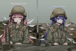  2girls absurdres alternate_costume arknights blue_eyes chinese_commentary combat_helmet commentary_request day detached_wings english_commentary green_jacket halo headset helmet highres israel_defense_forces jacket lemuen_(arknights) long_hair long_sleeves looking_to_the_side lt_mue military_jacket military_uniform military_vehicle mixed-language_commentary mostima_(arknights) motor_vehicle multiple_girls outdoors parted_lips pink_eyes pink_hair pink_halo purple_hair purple_halo radio_antenna tank traditional_halo wings 