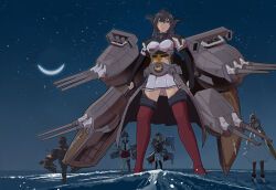  5girls cannon commentary_request crescent_moon head_only highres kantai_collection long_hair moon multiple_girls nagato_(kancolle) nevada_(kancolle) operation_crossroads prinz_eugen_(kancolle) red_thighhighs rigging sakawa_(kancolle) saratoga_(kancolle) silhouette solo_focus standing thigh-highs tsun'ichi_(tsun1) water 