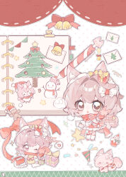  1girl :o ;) absurdres animal animal_ear_fluff animal_ears arm_warmers blush box brown_hair chibi chibi_only christmas christmas_tree closed_mouth commission double-parted_bangs dress fox fox_ears fox_girl fox_tail frilled_dress frills full_body gift gift_box hair_between_eyes hair_intakes hat highres holding holding_letter letter long_hair multiple_views one_eye_closed open_mouth original outline party_popper polka_dot polka_dot_background red_dress red_scarf red_shoes santa_hat scarf shoes smile snowman socks standing star_(symbol) striped_arm_warmers tail white_background white_outline white_socks yikemaohetao 