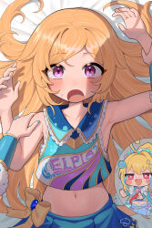  2girls absurdres amagasa arm_up armpits bare_shoulders blue_skirt blush chibi chibi_inset clothes_writing commentary_request commission female_pov flat_chest hair_down hair_spread_out hand_on_another's_shoulder highres holding_another's_wrist long_hair looking_at_viewer lying midriff monster_strike multicolored_shirt multiple_girls navel nostradamus_(monster_strike) on_back on_bed open_mouth pandora_(monster_strike) pink_eyes pinned pov pov_hands shadow shirt skeb_commission skirt sleeveless sleeveless_shirt solo_focus spoken_character stomach straight-on sweatdrop tareme upper_body variant_set very_long_hair yukadon 