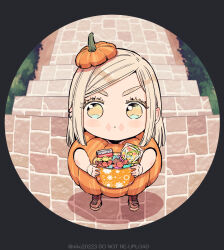  1boy aged_down alternate_costume blonde_hair candy child ear_piercing food green_eyes halloween halloween_bucket halloween_costume highres holding holding_halloween_bucket lollipop long_hair male_focus multicolored_eyes naked_pumpkin niko20223 piercing pumpkin_costume pumpkin_hat sanzu_haruchiyo scar scar_on_face scar_on_mouth straight_hair swirl_lollipop tokyo_revengers trick-or-treating two-tone_eyes wrapped_candy yellow_eyes 