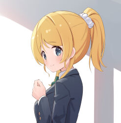  1girl ayase_eli blazer blonde_hair blue_eyes blue_jacket bow bowtie closed_mouth collared_shirt commentary_request dress_shirt eichisu frilled_sleeves frills from_side green_bow green_bowtie hair_ornament hair_scrunchie high_ponytail highres jacket light_blush long_hair long_sleeves looking_at_viewer love_live! love_live!_school_idol_project otonokizaka_school_uniform ponytail raised_inner_eyebrows school_uniform scrunchie shirt smile solo upper_body white_scrunchie white_shirt window_shadow winter_uniform 