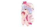  1girl apple ascot blouse blue_hair bow dripping eating food fruit hat hat_bow mob_cap portrait profile red_eyes remilia_scarlet short_hair simple_background solo tansuan_zhanshi touhou white_background wrist_cuffs 
