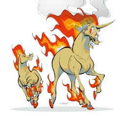  etchif evolutionary_line fire grin highres horns horse looking_at_another no_humans pokemon pokemon_(creature) ponyta rapidash red_eyes signature simple_background single_horn smile toon_(style) white_background white_fur 