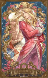  1boy absurdres american_flag blonde_hair blue_eyes border brown_border character_name chinese_commentary coat commentary_request copyright_name flower frilled_sleeves frills funny_valentine gloves gun highres holding holding_behind_back holding_gun holding_napkin holding_weapon jojo_no_kimyou_na_bouken long_hair long_sleeves looking_at_viewer male_focus mirror ornate_border pants parted_lips pink_coat pink_flower purple_pants revolver solo star_(symbol) steel_ball_run watermark weapon weibo_username weibo_watermark yu_anle_bu_le 