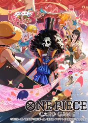  >_< 3girls 6+boys ^_^ afro antlers arm_up ascot bag bandaged_head bandages bashikou black_hair black_hat black_shirt blonde_hair blue_ascot blunt_bangs blush boat brook_(one_piece) closed_eyes commentary_request copyright_name cup franky_(one_piece) hand_fan hat holding holding_cup holding_fan horns laboon lola_(one_piece) long_nose medium_hair monkey_d._luffy multiple_boys multiple_girls musical_note nami_(one_piece) nico_robin official_art one_piece one_piece_card_game orange_hair orange_shirt pink_hair pink_hat pompadour ponytail reindeer_antlers roronoa_zoro sanji_(one_piece) satchel shirt skeleton sleeveless sleeveless_shirt straw_hat straw_hat_pirates tony_tony_chopper usopp watercraft wristband 