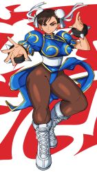  1girl absurdres boots bracelet breasts brown_eyes brown_hair bun_cover china_dress chinese_clothes chun-li double_bun dress earrings gold_trim hair_bun highres jewelry large_breasts pantyhose pelvic_curtain qquanchi sash smile solo spiked_bracelet spikes street_fighter white_boots white_sash 