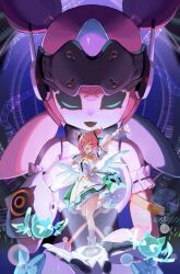  1girl aqua_hair aria_(zenless_zone_zero) arm_garter arm_up black_sclera closed_eyes colored_sclera commentary_request dress green_eyes highres hologram humanoid_robot looking_at_viewer musical_note one_eye_closed open_mouth pink_hair quad_tails robot robot_girl shoes solo standing standing_on_one_leg uixy white_dress white_shoes white_wings wings zenless_zone_zero 