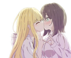  2girls absurdres black_hair black_shirt blush bright_pupils cho_kaguya-hime! closed_eyes collared_shirt commentary_request fox_shadow_puppet fox_shadow_puppet_kiss green_eyes heart heart-shaped_pupils highres holding_hands hood hooded_jacket interlocked_fingers jacket kaguya_(cho_kaguya-hime!) kiss long_sleeves looking_at_another medium_hair mole mole_under_eye multiple_girls open_clothes open_jacket partial_commentary sakayori_iroha shirt simple_background symbol-shaped_pupils thereaakari upper_body white_background white_jacket white_pupils white_shirt yuri 