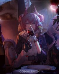  3girls absurdres alcohol arknights black_gloves black_jacket blue_hair bottle clothes_grab collar_tug commentary commission cup dark drinking drinking_glass feather_hair fiammetta_(arknights) flower gandy_(gan3e46) gloves hair_between_eyes halo hand_on_another's_shoulder head_wings highres holding holding_cup indoors jacket lemuen_(arknights) lens_flare light_smile long_hair long_sleeves looking_at_viewer medium_hair mostima_(arknights) multiple_girls necktie necktie_grab neckwear_grab open_clothes open_jacket out_of_frame pink_hair plate red_eyes red_hair side-by-side sidelighting sitting table white_halo white_jacket wine wine_bottle wine_glass wings yuri 