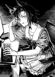  1girl air_shakur_(umamusume) animal_ears bow bowtie chair collarbone commentary_request computer_keyboard crossed_legs greyscale highres horse_ears horse_girl karate_(karatedazey) long_hair looking_at_viewer monitor monochrome on_chair parted_lips pleated_skirt sailor_collar school_uniform sharp_teeth shirt short_sleeves sitting skirt solo summer_uniform teeth tracen_school_uniform umamusume upper_body 