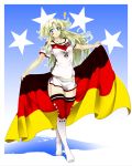  1girl 2014_fifa_world_cup blonde_hair blue_eyes breasts character_request collarbone facepaint full_body german_flag germany gradient gradient_background heart hips holding izuna_nie kneehighs long_hair midriff multicolored_legwear no_shoes number original outstretched_arms parted_lips short_shorts short_sleeves shorts silhouette soccer soccer_uniform solo sportswear standing star thighs two_side_up world_cup 