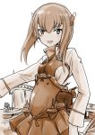  1girl blush brown cowboy_shot headgear kaku_(artist) kantai_collection long_hair looking_at_viewer machinery monochrome open_mouth simple_background sketch small_breasts solo taihou_(kantai_collection) white_background 