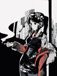  biming black_skirt black_vest cigarette expressionless from_side fur-trimmed_jacket fur_trim hashtag-only_commentary highres holding holding_cigarette jacket jill_stingray long_hair off_shoulder pencil_skirt ponytail sidelocks skirt smoke standing va-11_hall-a vest 