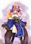  1girl animal_ears bare_shoulders blue_legwear blush breasts caster_(fate/extra) cleavage dated detached_sleeves fate/extra fate_(series) fox_ears fox_tail hair_ornament hair_ribbon japanese_clothes looking_at_viewer pink_hair ribbon signature solo tail twintails yellow_eyes 