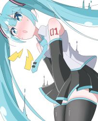  1girl :o absurdres aqua_eyes aqua_hair aqua_necktie bare_shoulders black_skirt black_sleeves black_thighhighs blush commentary_request cowboy_shot detached_sleeves flinch grey_shirt hair_ornament hatsune_miku highres long_hair looking_at_viewer miniskirt naru_wassaa0 necktie open_mouth pleated_skirt shirt shoulder_blush shouting skindentation skirt skirt_tug sleeveless sleeveless_shirt solo thigh-highs twintails v-shaped_eyebrows very_long_hair vocaloid white_background zettai_ryouiki 