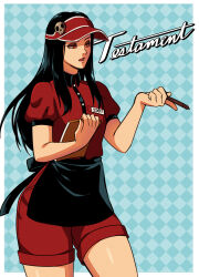  1other absurdres apron black_apron black_hair blue_background border character_name eyeshadow guilty_gear guilty_gear_strive hat hat_ornament highres holding holding_notebook kitsune23star long_hair makeup notebook open_mouth pen purple_eyeshadow red_eyes short_sleeves sidelocks skull_hat_ornament testament_(guilty_gear) thick_eyelashes waiter waitress white_border 