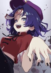  1girl :d black_nails black_ribbon blue_eyes chinese_clothes commentary_request delta_delta dutch_angle fingernails hat highres midriff_peek miyako_yoshika neck_ribbon newsboy_cap ofuda ofuda_on_head open_clothes purple_hair purple_hat ribbon sharp_teeth short_hair smile solo tangzhuang teeth touhou upper_body upper_teeth_only 