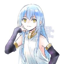  1other bad_id bad_pixiv_id bare_shoulders black_sleeves blue_hair closed_mouth detached_sleeves light_smile long_hair long_sidelocks looking_at_viewer mizuki_riko rimuru_tempest shirt sidelocks simple_background sleeveless sleeveless_shirt sleeves_past_wrists solo straight_hair tensei_shitara_slime_datta_ken upper_body watermark white_background white_shirt yellow_eyes 