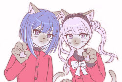  1boy 1girl animal_ears animal_hands black_headband blue_hair brother_and_sister cat_boy cat_ears cat_girl cat_paws cat_tail commentary_request double_bun hair_bun headband korean_commentary looking_at_viewer pink_hair red_shirt school_uniform shirt siblings sumi_ringo tail the_hundred_line_-last_defense_academy- tsukumo_ima tsukumo_kako twins waving 