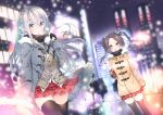  2girls :o black_legwear brown_eyes brown_hair building city grey_eyes jacket long_hair looking_at_viewer multiple_girls original scarf silver_hair skirt snow thigh-highs twintails winter yadapot zettai_ryouiki 