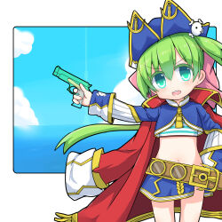  alternate_costume belt blue_hat blue_shirt blue_skirt blue_sky bra captain_kid_lore captain_kid_lore_(cosplay) commentary_request cosplay emil_chronicle_online green_eyes green_hair hair_ribbon hat highres jacket jacket_on_shoulders midriff navel open_mouth pink_ribbon pirate_hat ponytail red_jacket ribbon senkyoku_niban shabotan_alma shirt skirt sky sports_bra striped_bra striped_clothes two_side_up underwear water_gun 
