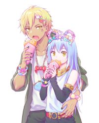  1boy 1other animal_ear_hairband animal_ears bare_shoulders black_nails black_pants black_sleeves blonde_hair blue_hair bracelet coin_purse collarbone commentary_request couple crepe detached_sleeves eating facial_mark fake_animal_ears food food-themed_hair_ornament fur-trimmed_hood fur_trim green_jacket green_pants hair_ornament hairband hairclip holding holding_crepe holding_food hood hood_down hooded_jacket jacket jewelry long_hair long_sleeves looking_at_another looking_at_food messy_hair mizuki_riko necklace one-armed_hug open_clothes open_jacket open_mouth pants parted_bangs pink_hairband rabbit_hair_ornament rimuru_tempest shirt short_hair sleeveless sleeveless_shirt straight_hair strawberry_hair_ornament teeth tensei_shitara_slime_datta_ken tongue upper_body veldora_(tensura) white_shirt yellow_eyes 