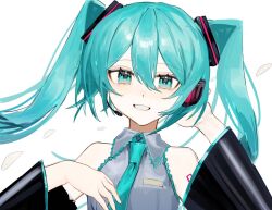  aqua_eyes aqua_hair aqua_necktie black_sleeves commentary detached_sleeves grey_shirt hatsune_miku headphones headset long_hair mon_(nmommom01) necktie number_tattoo shirt sleeveless sleeveless_shirt smile tattoo twintails upper_body vocaloid white_background 
